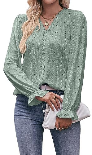 Coloody Chemisier Décontracté à Manches Longues et col en V pour Femme Elegant Tee Shirt Décontracté Loose Hauts Tunique-Vert-S