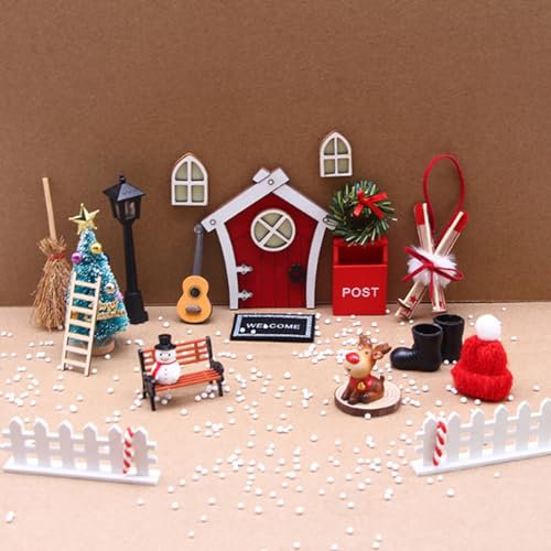 Tadoiooy Wichteltür Zubehör Weihnachten Set, 19pcs Wichteltür Zubehör Set Weihnachten, Weihnachtswichtel Tür Set, Holz Wichtel Tür, mit Miniatur Briefkästen, Zäun, Leiter, Stiefel, Kranz, Feentür Set