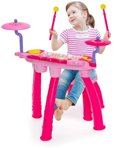 Maxmass Kids Piano and Drum Set, 24-Key Electric Keyboard Drum Kit with 2 Drum Sticks, LED Lights, Headset & Microphone, MP3, Record, Stool, Children Music Instrument Toys Set for Boys Girls (Pink)