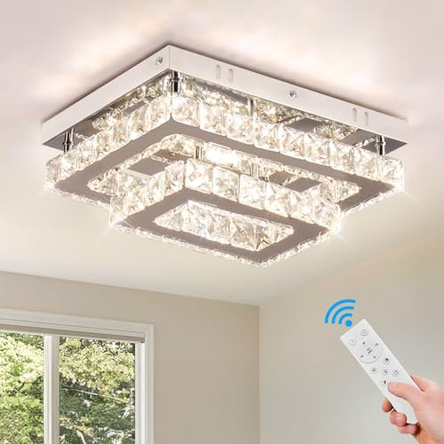 Finktonglan Rechteckige LED Kristall Deckenleuchte 30×23 cm, 24 W dimmbar, Edelstahl, mit Fernbedienung & App, Flush-Mount/Deckenmontage für Wohnzimmer, Schlafzimmer, Esszimmer, Flur, Küche