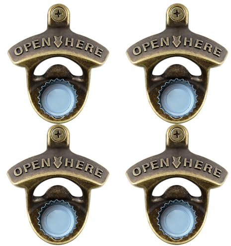 Jumiok Vintage Magnetic Beer Bottle Opener Mounted Bottle Cap Opener with Built-in Magnets, Screw in Wall Antique Bronze Beer Top Opener (Pack of 4)