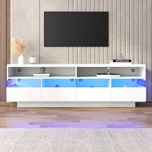KecDuey Mueble para TV de alto brillo, 173,5 x 55 x 38 cm, con iluminación LED, dos compartimentos y cuatro cajones grandes, mucho espacio de almacenamiento (blanco, 173,5 x 55 x 38 cm)