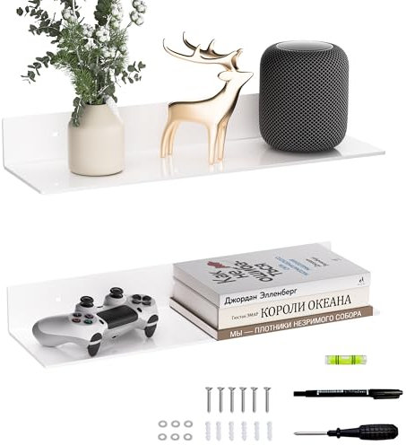 Sezanrpt Lot de 2 étagères murales en plexiglas - 50 cm - Blanches - Pour rangement et décoration - Poupées, cosmétiques, parfums, livres