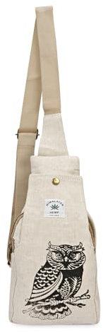 LONGING TO BUY Hanf-Schulter-Rucksack, Hanf-Umhängetasche, verstellbarer Riemen, für Damen und Herren, Beige, Medium, Design Eule