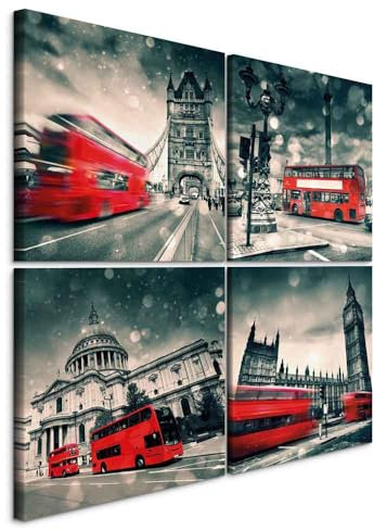 murando - Wandbilder Set London 40x40 cm 4 Teilig je 20x20 Kunstdruck 1 tlg Wandbilder aud Leinwand XXL moderne Wanddekoration Leinwandbilder Wohnzimmer Design Wand Deko Bild Stadt d-C-0228-b-i