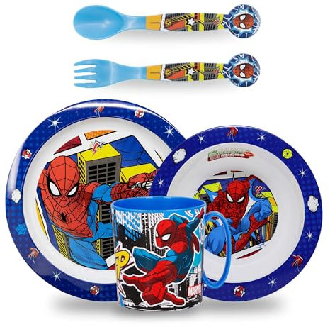 Sorrisini Vajilla Infantil Reutilizable Apta Para Microondas, Juego de Platos Irrompibles de Plástico para Niños y Bebés, Set Plato, Cuenco Para Cereal, Cubiertos y Taza 390ml, Spiderman