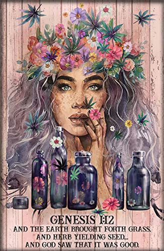 kisoyo Vintage Metall-Blechschild Hippie Blumenmädchen Poster Genesis And The Earth Brought Forth Grass Poster Smoking Weed Cannabis Girl Poster Wandkunst Home Decor Poster 20,3 x 30,5 cm