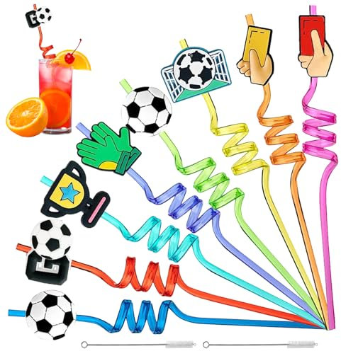 16 Pièces Pailles Enfants Reutilisables, Pailles Décoratives de Football avec 2 Brosse, Paille Plastique Spirale, Football Pailles pour Décorations Fête D'anniversaire des Enfants