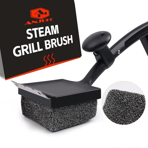 ANJUKE Grill Brush Bristle Free, 4 in 1 Grill Brush for Outdoor Grill with Replaceable Cleaning Head, Extra Long Safe Steam Grill Cleaner Brush with Scraper for Cast Iron, Stainless-Steel Grates