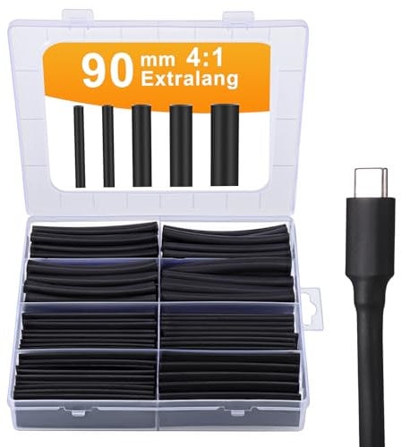 Hejo 90 mm Kit Guaina Termorestringente, 4:1 Guaina Termorestringente Nero Rivestiti con Adesivo Rapporto, 100 Pezzi 5 Misure Guaina Termorestringenti, Termorestringente per Cavi Elettrici