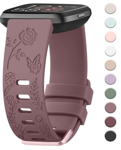 Mugust Correa para Fitbit Versa 2 Mujer Hombre,Silicona Grabado Floral Suave Pulseras de Repuesto para Fitbit Versa/Versa 2/Versa Lite/Versa SE(HumoMorado)