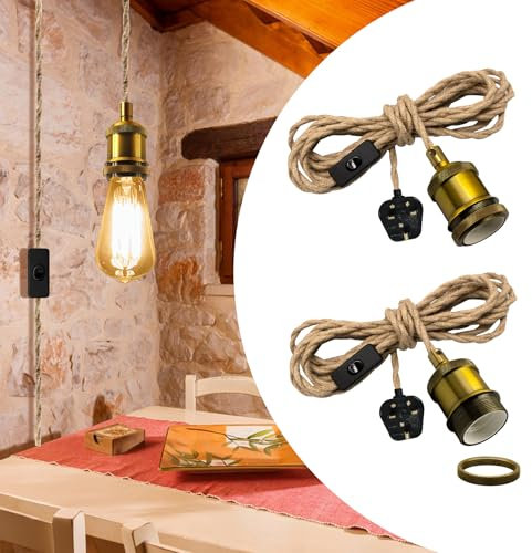 Hemp Rope Pendant Lights, 2PCS Rustic Plug in Pendant Light Fitting,510 CM Vintage Hanging Lights Kit with Plug,Brass E27 Lamp Holder Retro Plug in Ceiling Light Fixture,DIY Lampshade,for Farmhouse