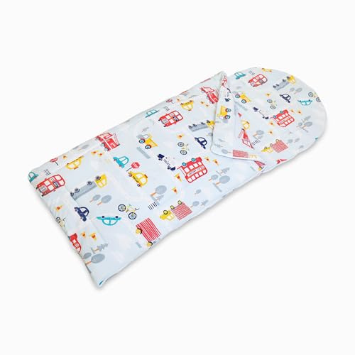 Happy Linen Company Sacco a pelo reversibile per bambini e bambine, 155 x 65 cm, motivo: auto su strada, colore: blu