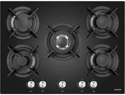 TELEFUNKEN Plaque gaz TGV5C, 70 cm, 5 foyers, verre noir