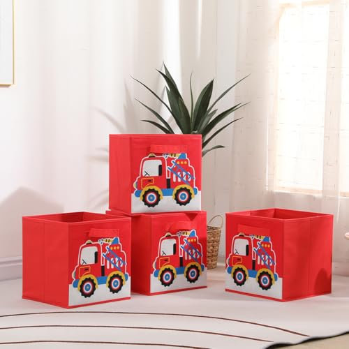 4 PCS Folding Storage Boxes with Handle, Foldable Canvas Organiser Cube Basket Bin Storage Unit for Nursery Wardrobe Kids Room (4 PCS Red Car)