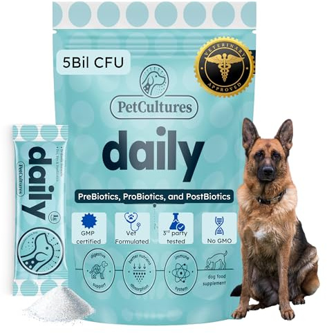 PetCultures Daily - Probiotici in Polvere per Cani e Fermenti Lattici – Formula 3-in-1 con Prebiotici, Postbiotici ed Enzimi Digestivi, 5 Miliardi di Colture Vive, Supporto Intestinale