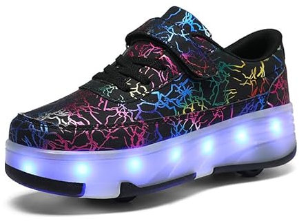 Rollschuhe,4 Rollen Skateboardschuhe,verstellbare multifunktionale Sportschuhe,USB-Lademodus, für Jungen und Mädchen, Schwarz 39 EU.