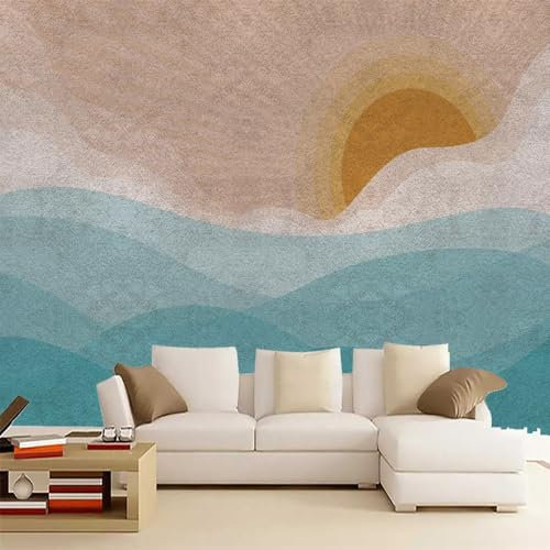 BURUNG Bohemian Vintage 70s Rainbow Sun Wall Mural, Retro Hippie Sunset Sea Wallpaper Decoration for Living Room, Bedroom, Office Non-Adhesive 300x210cm