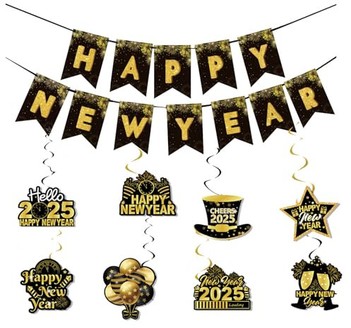 ParPix Spiral Girlande Silvester Deko 2025 Party Set, Happy New Year Deko 2025,Silvester Deko Hängend Spirale+Happy New Year Banner,Silvester Dekoration,Neues Jahr Deko Spiralen,Neujahrsdeko Hängedeko