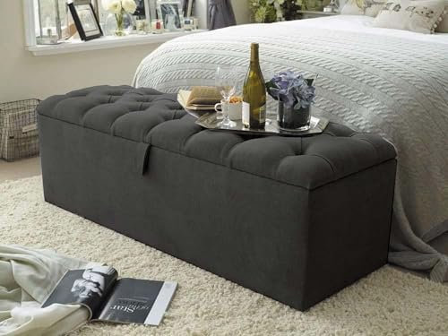 Ottoman Storage Box - Rectangular Storage Pouffe Stool Footstool with Storage - Turin Fabric Upholstered Blanket Box - End of Bed Bench Toy Storage (Charcoal, 5ft King Size)