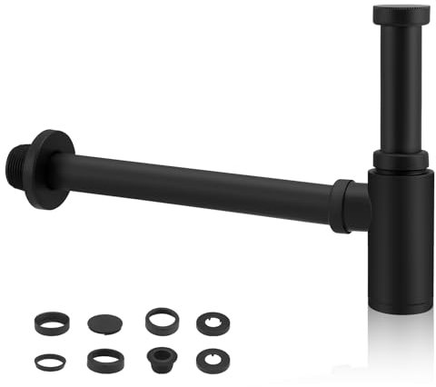 Brass Bottle Trap Universal with 200mm Extension Tube, 1 1/4 Black Slotted Basin Waste Adjustable Round Decorative P Trap, Plumbing Drain Tube for Sink Bathroom Basin Vessel