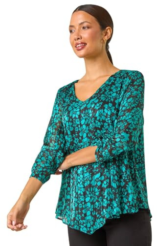 Roman Metallic Floral Print Overlay Top for Women UK - Ladies Autumn Everyday Winter Holiday V-Neckline Comfy Ruched Sleeve Soft Shimmer Blouse Office Date Blouses