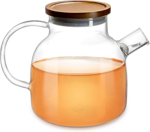 Impolio 1400ml Glas-Teekanne mit Siebeinsatz, Teekanne mit Holzdeckel, Hitzebeständiges Borosilikat Glas, Teekanne mit Sieb, Teekannendesign, Teeservice, Teapot