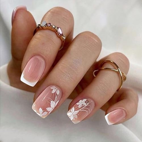 GlamRays Pink Press on Nails Short Square White French Tip Nails Press ons White Flower False Nails with Cute Design Medium Fake Nails Glossy Sticker Nails 24 Pieces