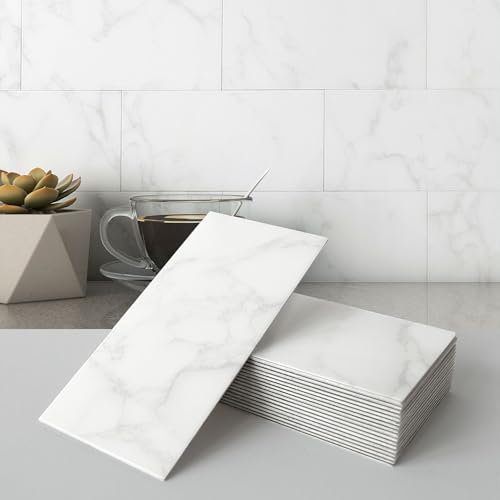 BeNice Matte Large Stick on Marble Tile Stickers for Kitchen Splashback Bathroom Wall Self-Adhesive Waterproof CM 10x20 (Carrara White,23PCS)