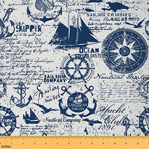 Loussiesd Nautische Stoff 184x150cm im Freien, Vintage Ozean Anker Kompass Patchwork Stoffe für Stühle, Marine Sea Adventure Stoff Meterware