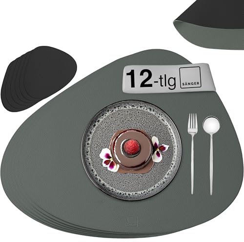 SÄNGER | Untersetzer und Platzsets abwaschbar aus Kunstleder 12 teilig, Platzdeckchen und Tischuntersetzer für 6 Personen-rutschfest doppelseitig wasserdicht -Grau Schwarz 44 * 37 cm