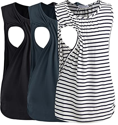 Smallshow Women's Maternity Nursing Tops Sleeveless Breastfeeding Vest Clothes 3 Pack,Black-Dark Grey-White Stripe,M