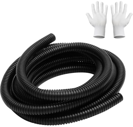 Schwarzer Wellrohr UV Beständig, Schwarz Kabelkanal (3 Meter, Ø 13 mm), PP Leerrohr mit Handschuhe, Kabelschlauch zur Kabelmanagement, Kabelschutz für Hunde und Katzen vor Dem Kauen von Haustieren