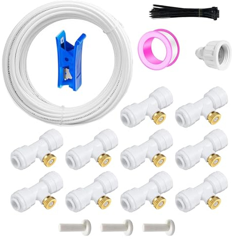 HAXIHA Sistema de Riego de Jardines,Blanco Kit de Pulverización de Jardín,10M Riego Manguera+10 boquillas de neblina de latón para Jardín Terraza Invernadero