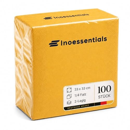 Inoverse Servietten Gelb 33 x 33 cm 100 Stück, Papierservietten Großpackung | 2-lagig 1/4-Falz einfarbig, Einwegservietten, für Hochzeit, Buffet, Party, dekorative Tischservietten für Gastronomie
