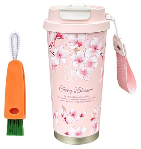 LUVDECO Reusable Thermal Coffee Cup 500ml Insulated Coffee Cup with Leakproof Lid Flower Travel Mug with Carrot Cleaning Brush 316 Stainless Steel Thermal Mug for Hot Cold Drinks Boys Girls Gifts
