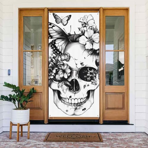 ZSUUGJ Türvorhang mit Totenkopf-Motiv, Schmetterling, Retro, Gothic, wiederverwendbar, Banner für Innen- und Außendekoration, einfach aufzuhängen, Haustürdekoration für Partys, Geburtstage und