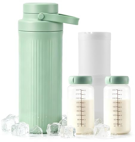Enfriador Portátil de Leche Materna 1.5L con 2 Biberones de 300ml, Refrigeración 360° 24H sin Hielo, Recipiente Antifugas para Viajes y Exteriores