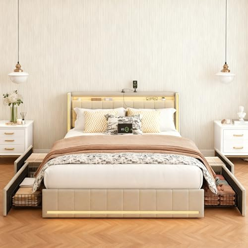 BRYXR Polsterbett 160x200 cm mit LED-Kopfteil, Doppelbett mit USB-Ladefunktion und Lattenrost, 4 praktischen Schubladen und stilvollem Design, Ideal für Jugendzimmer und Moderne Räume, Ohne Matratze