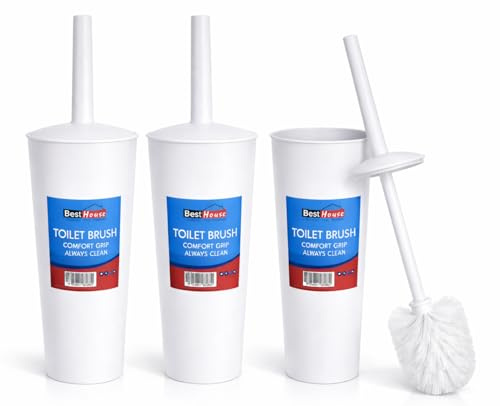 BH Toilet Brush and Holder Set, White, 3-Pack | Stiff Bristles, Comfortable Grip Handle, Durable Plastic Holder, Hygienic & Easy to Clean