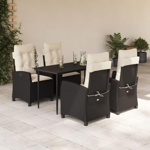 Owoxanthellate 5-TLG. Garten-Essgruppe Schwarz 140x70 cm, Polyrattan mit verstellbaren Stühlen & Glastisch, wetterfestes Balkon-Set