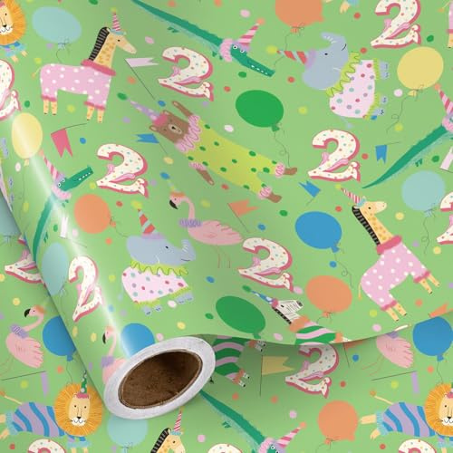 RUSPEPA Dschungel-Mini-Geschenkpapierrolle zum 2. Geburtstag, Safaritiere und Muster Nummer 2 für Kindergeburtstagsfeiern und Geschenkverpackungen, – 43,2cm x 5m