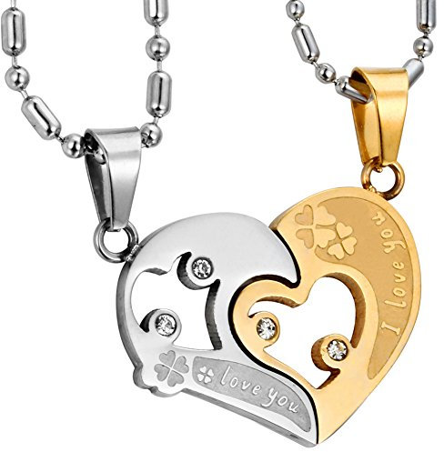 JewelryWe Schmuck Edelstahl Halskette Set, Gold Silber Herz Puzzle Anhänger mit I Love You Gravur Partneranhänger Partnerketten 2 Ketten