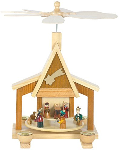 Weihnachts-Pyramide in Hausform, Krippenszene mit Königen, H: 28 cm, Natur, handbemalt im Kunsthandwerks-Stil