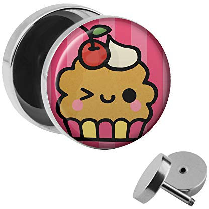 Treuheld | Ohrstecker zum Schrauben - Muffin/Cupcake Comic Gesicht - pink-braun - Motiv Fake-Plug Ø 10mm Silber - Edel-Stahl Ohr-Ringe - Chirurgen-Stahl 316L Fake-Tunnel - Gewinde Ohr-Stecker