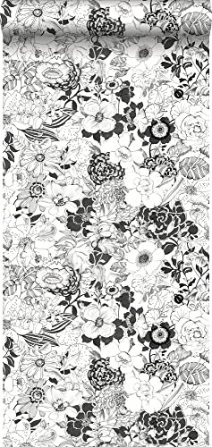 ESTAhome Tapete Blumen Schwarz und Weiß - 138503-53 cm x 10,05 m