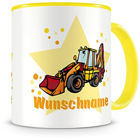 Samunshi® Kindertasse mit Namen Tasse Baggerlader Personalisierte Tasse mit Namen Kinder Kinderbecher personalisierter Text Namenstasse Kindergarten gelb 300ml