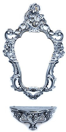 Jeu Console + Miroir Mural Noir Argent Noire argenté Style Louis XVI Imitation Vintage