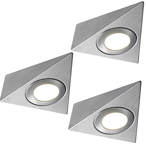 3 Pack | Bright 2.6W LED Under Cabinet Pyramid Spot Lights & Driver Kit | Stainless Steel & Natural White | Kitchen Worktop Countertop Cupboard Unit Down Light | Modern Triangle Lighting Fitting