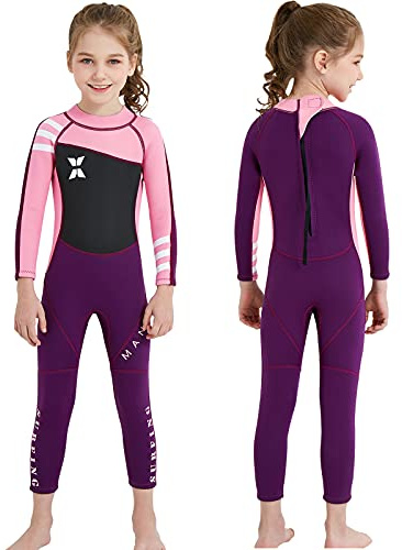 NATYFLY Kids Wetsuit, 2.5mm Neoprene Thermal Swimsuit, Full Wetsuit for Girls Boys and Toddler, Long Sleeve Kids Wet Suits for Swimming (New Pink-Girls Wetsuit-2.5mm, 6)